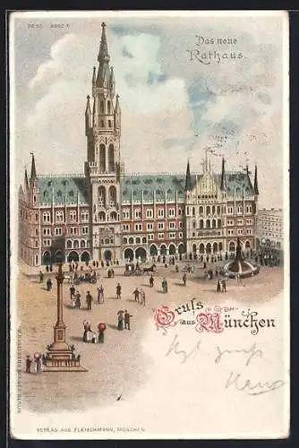 Lithographie München-Au, Das neue Rathaus mit Denkmal