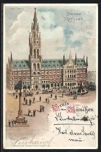 Lithographie München-Au, Das neue Rathaus mit Denkmal