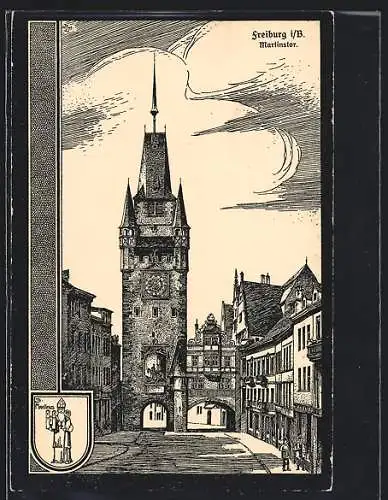 Künstler-AK Freiburg i. B., Kaiserstrasse und Martinstor