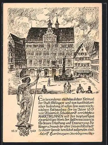 Künstler-AK Tübingen, Das Rathaus und der Marktbrunnen mit Neptunfigur, Spendenkarte