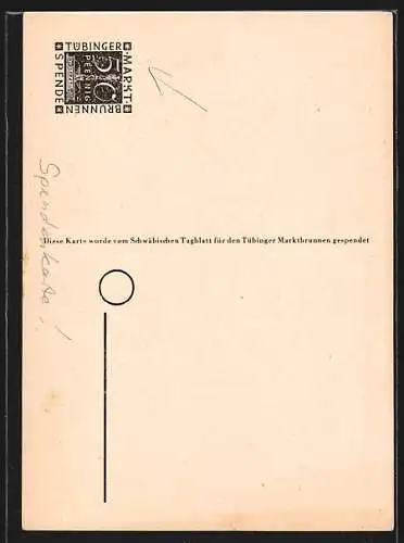 Künstler-AK Tübingen, Das Rathaus und der Marktbrunnen mit Neptunfigur, Spendenkarte
