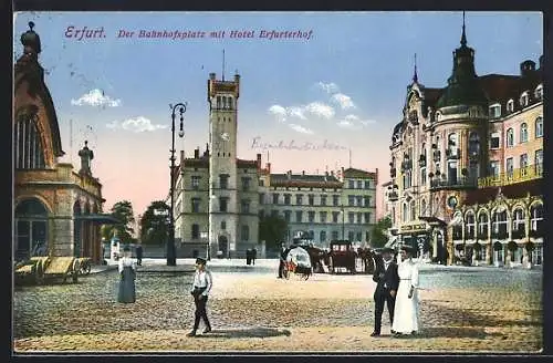 AK Erfurt, Bahnhofsplatz mit Hotel Erfurter Hof