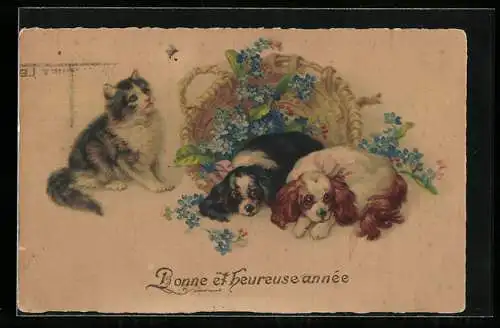 Künstler-AK Zwei Spaniel mit einer Katze und einem Blumenkorb
