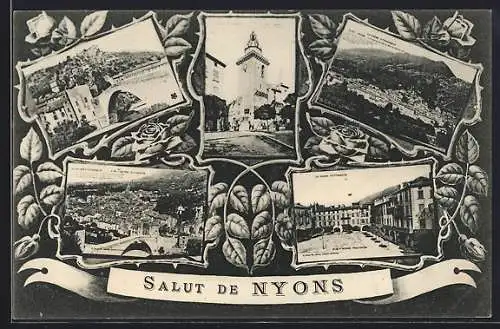 AK Nyons, Place Carnot, Vue générale et Monts Pieds de Vaux