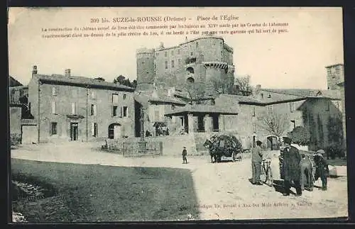 AK Suze-la-Rousse, vue de la place de l`église, charette à cheval, hommes et garcons sur la place