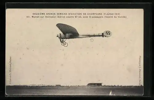 AK Deuxième Grande Semaine d`Aviation de CHampagne, Mamet sur monoplan Blériot, Eindecker-Flugzeug