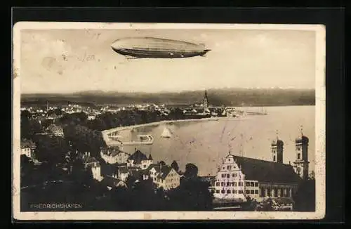 AK Friedrichshafen, Panorama mit Zeppelin