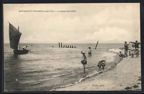 AK Bourgneuf-en-Retz, La plage du Collet avec des enfants et un bateau à voile