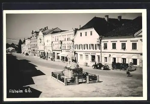 AK Altheim /O.-Ö., Bäckerei Karl Weinhäupl mit Denkmal