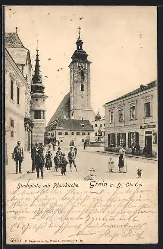 AK Grein a. D., Stadtplatz mit Pfarrkirche