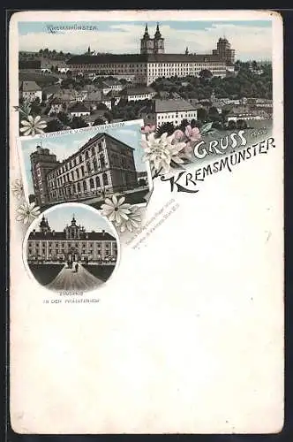 AK Kremsmünster, Ortsansicht, Sternwarte u. Obergymnasium, Prälatenhof