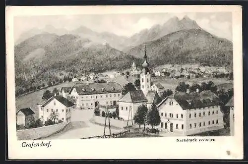 Künstler-AK Grafendorf, Strassenpartie mit Metzgerei-Gasthof und Kirche