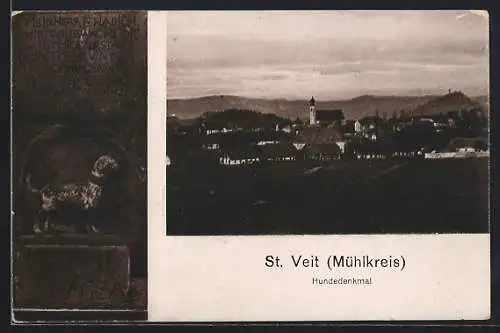 AK St. Veit /Mühlkreis, Teilansicht mit Kirche, Hundedenkmal