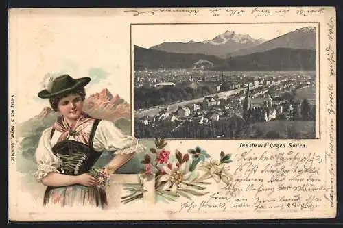 Lithographie Innsbruck, Teilansicht gegen Süden, Frau in Tracht, Passepartout