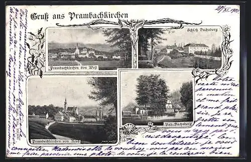 AK Prambachkirchen, Ortsansichten von West und Nord, das Schloss Dachsberg