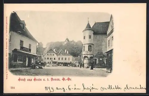 AK Grein a. d. Donau, Platz mit Lithographie und Druckerei J. M. Hiebl