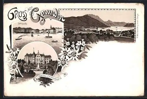 Lithographie Gmunden, Landungsplatz, Schloss Cumberland, Ortsansicht