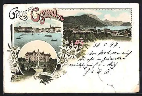 Lithographie Gmunden, Landungsplatz, Schloss Cumberland