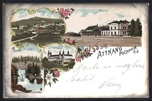 Lithographie Attnang-Puchheim, Bahnhof-Hotel, Bahnhof mit haltendem Zug, Partie am Traunfall