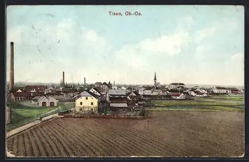 AK Traun, Ortspanorama mit Kirche