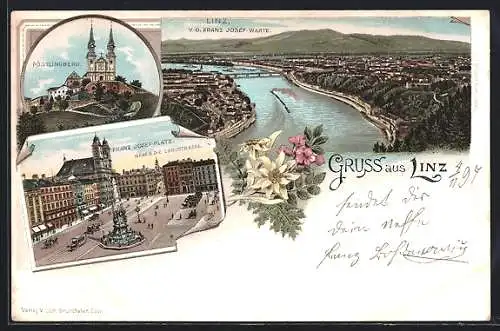 Lithographie Linz, Ortsansicht v. d. Franz-Josef-Warte, Pöstlingberg, Franz-Josef-Platz mit Pferdebahn