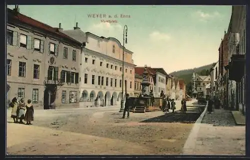 AK Weyer a. d. Enns, Strassenpartie am Marktplatz mit Brunnen