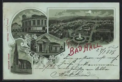 Mondschein-Lithographie Bad Hall, Theater, Thassilo-Quelle, neue Pfarrkirche, Ortsansicht