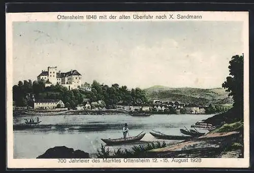 Künstler-AK Ottensheim, Ortsansicht 1848 mit der alten Überfuhr nach X. Sandmann