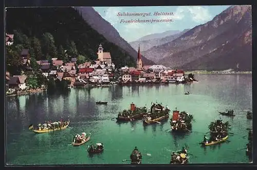 AK Hallstatt, Ortsansicht mit Fronleichnamsprozession auf dem See