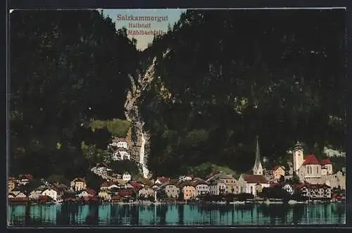 AK Hallstatt /Salzkammergut, Stadtpartie am Ufer mit Mühlbachfall