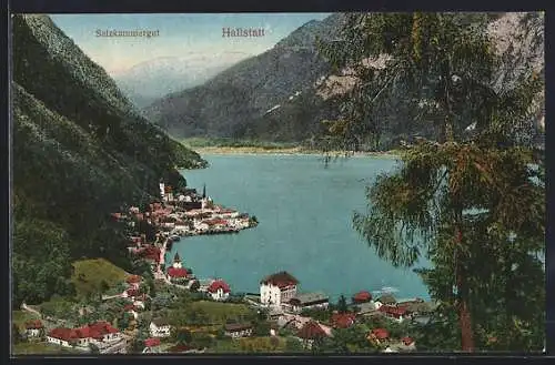 AK Hallstatt, Ansicht aus der Vogelschau mit See