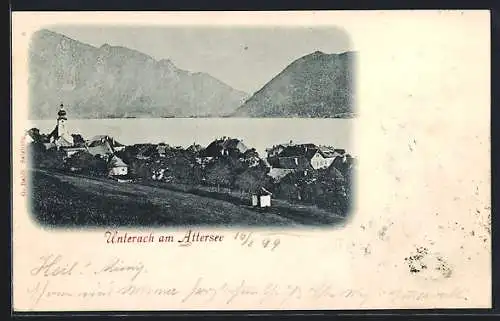 AK Unterach am Attersee, Ansicht mit See und Bergen