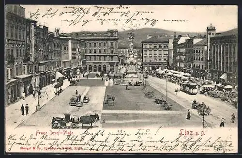 AK Linz a. D., Franz Joseph Platz mit Strassenbahn