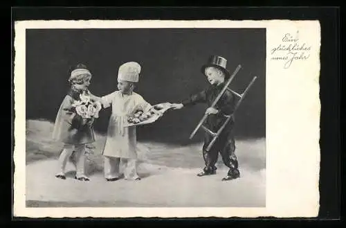 AK Bäcker, Schornsteinfeger und ein Mädchen mit Blumenstrauss, Neujahrsgruss