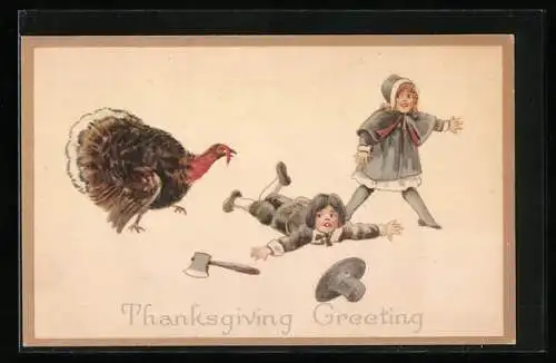 AK Thanksgiving Greetings, Pilger-Kinder fliehen vor Truthahn