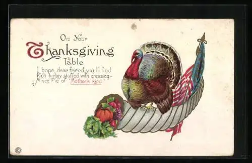 AK Thanksgiving, Truthahn mit US-amerikanischer Flagge und Füllhorn