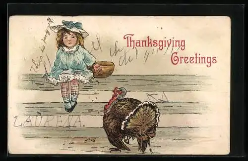 AK Thanksgiving Greetings, Kleines Mädchen beobachtet einen Truthahn