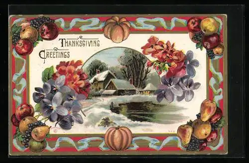 AK Thanksgiving Greetings, Verschneites Dorf mit herbstlicher Ernte und Veilchen