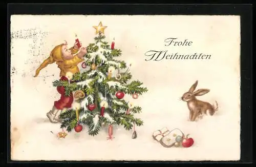 AK Zwerg schmückt einen Weihnachtsbaum, Frohe Weihnachten