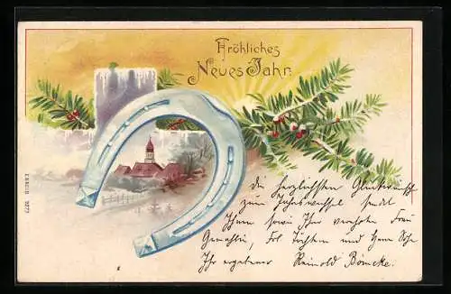 AK Hufeisen und Tannenzweig mit Winterlandschaft, Neujahrsgruss