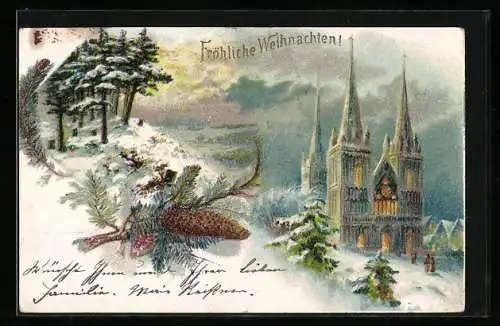 AK Fröhliche Weihnachten, Nächtliche Kirche mit Winterlandschaft