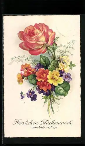 AK Ein Geburtstags-Strauss mit Rosen und Veilchen