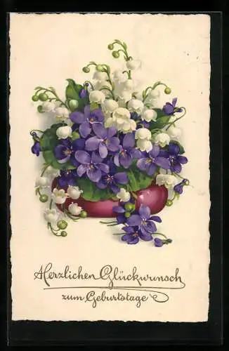 AK Geburtstag-Glückwünsche, Blumenvase mit Maiglöckchen und Veilchen