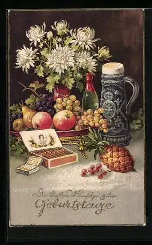 AK Geburtstagsgruss, Gedeckter Tisch mit Früchten, Zigarren und Blumen