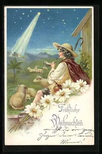 AK Fröhliche Weihnachten, Hirte mit Lämmchen und leuchtendem Stern