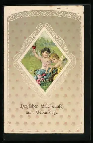 AK Geburtstags-Grüsse, Zwei kleine Engel auf einer Wiese