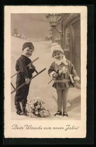 AK Kleiner Schornsteinfeger und ein Mädchen im Schnee, Neujahrsgruss