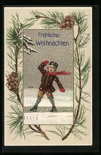 AK Fröhliche Weihnachten, Knabe auf dem Eis eines zugefrorenen Sees