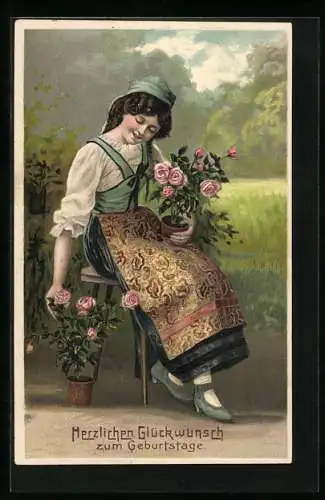 AK Geburtstags-Glückwünsche, Dame mit blühenden Rosen in einem Garten