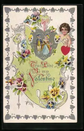 AK Valentinstag, Barockes Paar gerahmt von Herzen, Amor, Blühende Stiefmütterchen